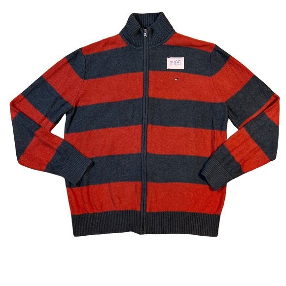 Tommy Hilfiger Sweater Men's Long Sleeve Striped Dual Zipper Gray Orange XL - Picture 13 of 13